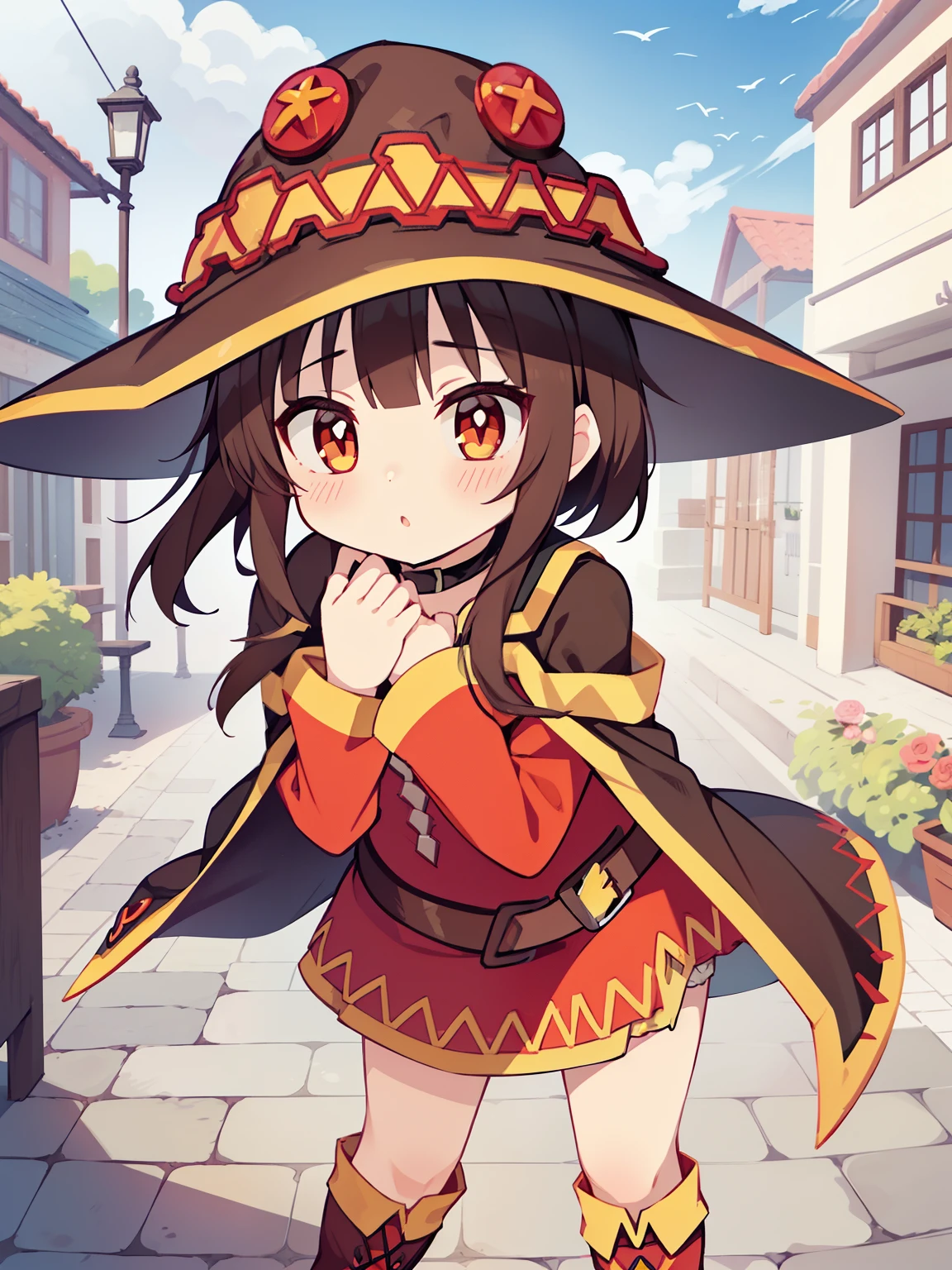 (1girl Megumin em:1.2), (sozinho:1.2), masutepiece, NFFSW、Trabalho Texturizado Shaderrilliant、olhos ultra-detalhados、pupila ultra-intrincada nos olhos、red eyes,qualidade superior、cabelo castanho, cabelo curto、Moda de minas terrestres、Meia Cauda Twin、unhas bonitas、decoration、remake em lote、Saia toplock rosa、Kamimei、Blush Rosa、Boca que riu、Front view、Mama muito grande、vale、Ombro para fora、Olhando para o Viewer、school courtyard、gramado、standing image、Emphasis on the chest、Girl magician、Girl&#39;s Magic Skirt、Magical girl boots、starly sky、vtuber、vocalóide、fita grande、