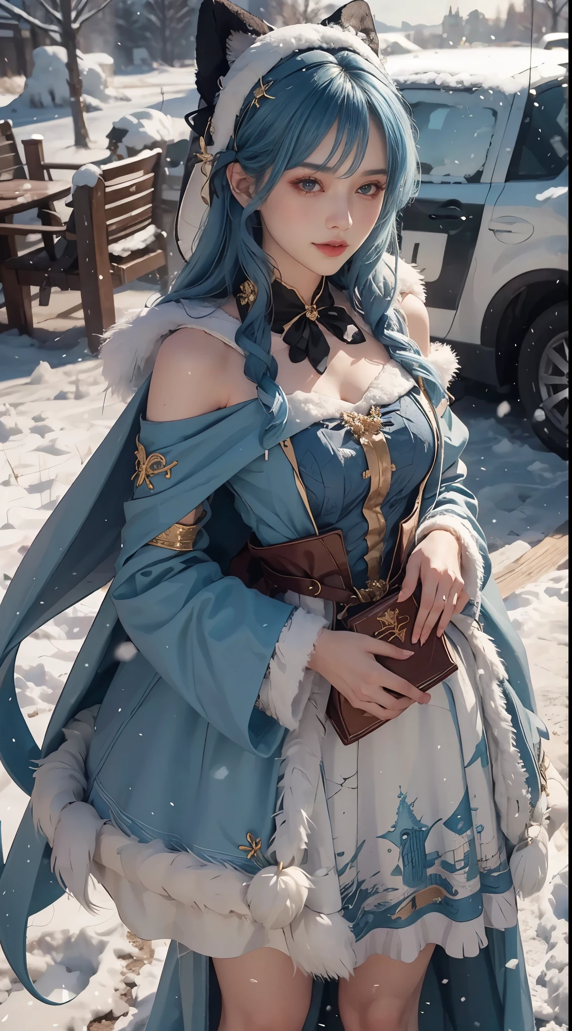 1 girl,hoody,fur cape,Blue hair,ssmile,ta Costume Outfit,Extra-long hair,Shoulder length short feather hair accessory,城市,natta,snow field,Blizzarding,allure,8K,masterpiece,winning artwork,