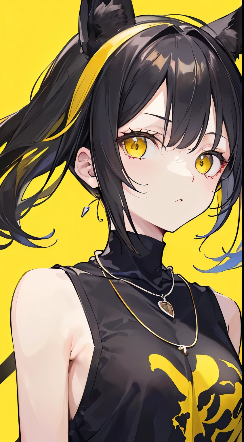((Detailed)), ((Best Quality)), ((masutepiece)), ((Perfect face)),), ((cool expression)), ((A dark-haired)), ((Yellow inner color)), ((cute face)), ((black, yellow is the image color)), (only one person)), ((twinks)), ((Calm)), ((bangss)), ((despise)), ((simple)), ((one girl)), ((looking at the camera), ((Fashionable clothes)), ((front)), ((No necklace))
