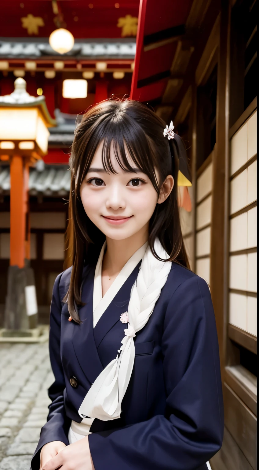 A temple in Kyoto at night, a woman, smiling, 20 years old, school uniform,