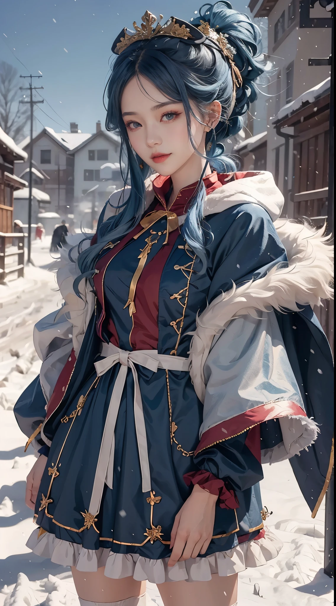 1 girl，hoody，fur cape，Blue hair，ssmile，Lolita Costume Outfit，Extra-long hair，Shoulder length short feather hair accessory，城市，natta，snow field，Blizzarding，allure，8K，masterpiece，winning artwork，