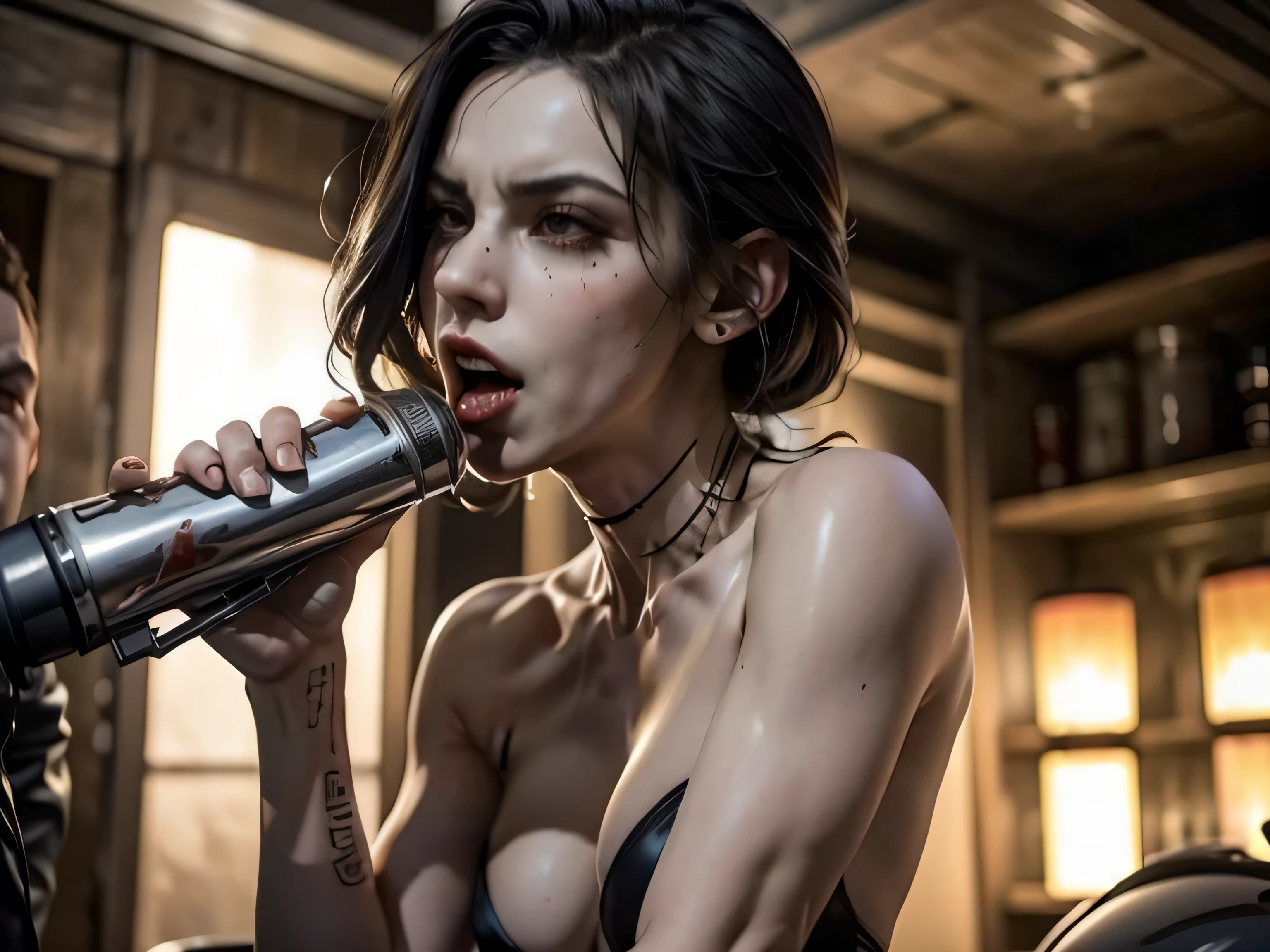 Her full body is shown giving a Blowjob, She is sucking on a man's penis, she is biting into a man's penis with her sharp fangs, she is also a cannibalistic sexual demon, she has a perfect face with full libs and razor-sharp fangs, They are in a old creepy house in the bedroom and she is on top of the man, realistic blood on the man'loody, and violent, Her Full body is shown on a bed with a man as she is on top of him biting into his with her sharp fangs, realistic blood, perfect eyes, Perfect anatomy, realistic, gore, realistic skin and flesh, she is a vampire who feeds on innocent men, she is a virgin killer, she is biting deep and hard into his with her sharp vampire fangs, blood is dripping from his , she is trying to bite his off so that she can eat it, she has very sharp vampire fangs, she has a perfect athletic body, she is skinny with small perky boobs, she has abs and defined muscles, her skinny body is perfectly proportioned, she has a crazy look in her eyes, she is a sexy sadistic addict , a sexy tight dress with Long black stockings, she also is wearing black high heels with red bottoms, there is blood everywhere as she is biting into his with her sharp fangs. She has a perfect face, perfect eyes, and perfect bone structure, she has a skinny body with defined abs and muscle