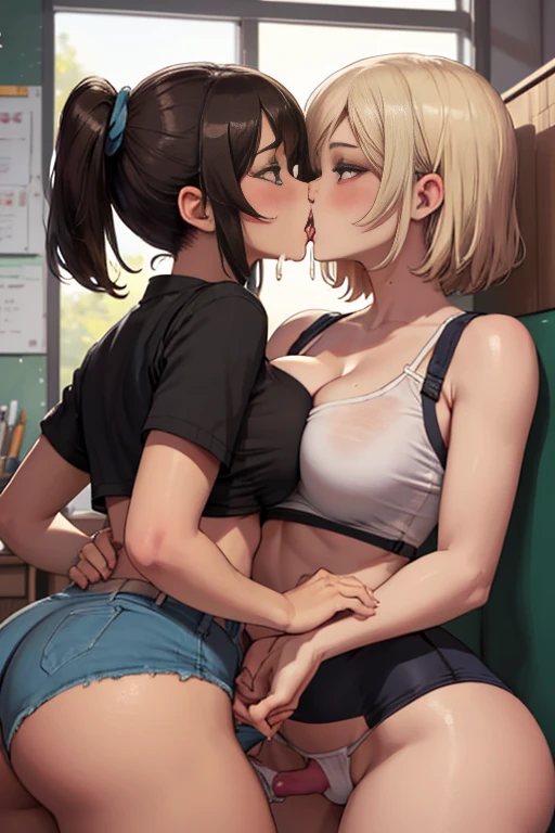 Brown hair、Brown-eyed、Open mouth, (blush, Shy, Saliva, Tongue out), Anime style, Textured skin, high details, 全身エスlesbian,Lusting,((Drooling)),nakeness,raise leg、erotick、2((((hi-school girl))))、sexual act、Lesbian Play、(((Licking the body、licking girls crotch)))、((lesbian))、((holding each other))、(((Kiss the breasts)))、(((Touching your)))Kiss me on the lips、Women only、レズlesbian、Colossal tits、play with women、fulcolor、Picture of two people、Holding hands and facing each other、Photograph of two people facing each other、Push each other、Stick your boobs and boobs together