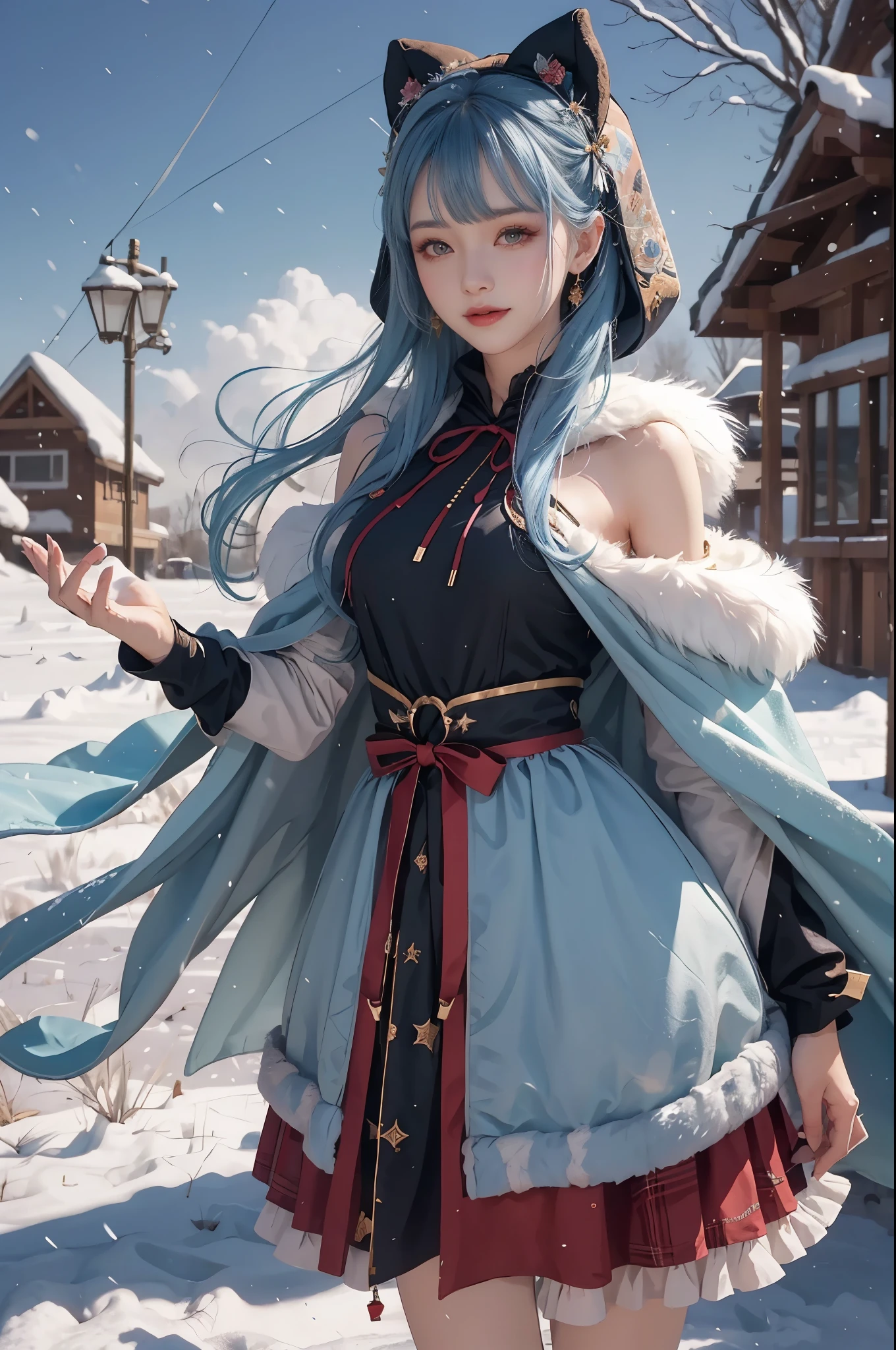 1 girl，hoody，fur cape，Blue hair，ssmile，Lolita Costume Outfit，Extra-long hair，Shoulder length short feather hair accessory，城市，natta，snow field，Blizzarding，allure，8K，masterpiece，winning artwork，