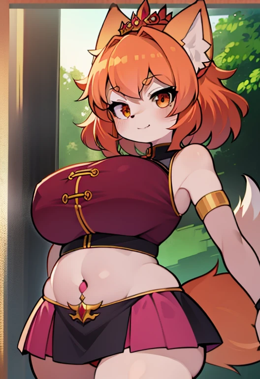 shaggy,White fur,super cute faces,Red element on fur,Glow bikini swimsuit,Beautiful light and shadow,ambient light,Ultra-fine fur,volumettic light,huge plum,red fox belly button,shaggy的大胸红色毛发,tmasterpiece, Best quality at best, Highest high resolution, 1 girl, Alone, Oversized fox tail,Orange eyeire-red hair_Side brmall royal tiara, (17 years younger,Busty wife)_ Number_d杯,modernn architecture,(face flushed:1.3),Showing , (around belly button_Succubus tattoo), 摩洛解放阵线, Sexy gold trim vest,In the abdomen_粉色Succubus tattoo公主头饰,Red Jewel_in belly button,princess mini skirt