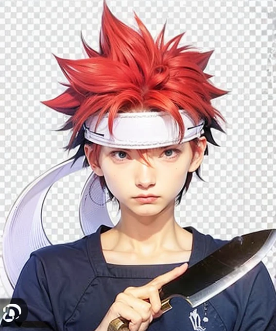 boy with red hair, dark blue shirt, holding a knife