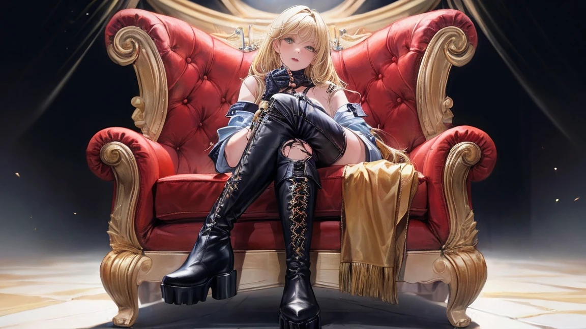 Blond woman sitting on an armchair, ripped jeans, black platform boots, audience is looking up at her boots, full body depiction, extreme vertical angle, ground eye view