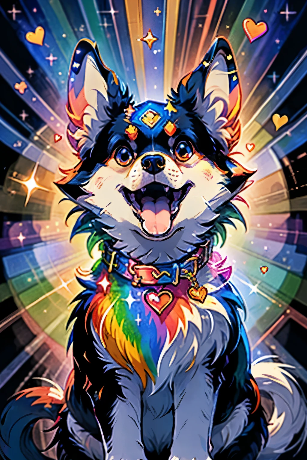 Niji Pride, solo, smile, open mouth, tail, heart, tongue, tongue out, star (symbol), collar, no humans, sparkle, fangs, looking up, dog, animal focus, sparkling eyes, fluffy