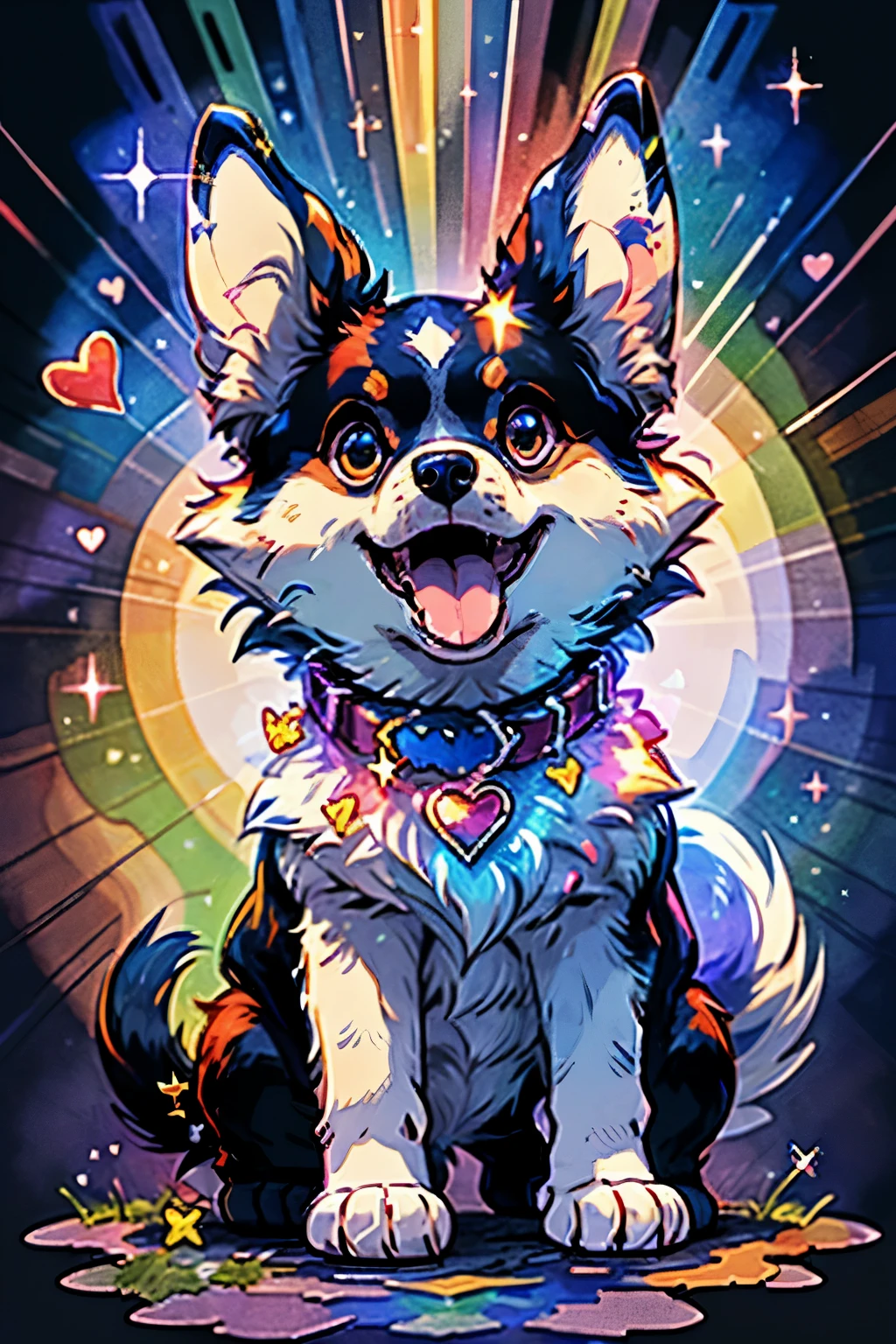 Niji Pride, solo, smile, open mouth, tail, heart, tongue, tongue out, star (symbol), collar, no humans, sparkle, fangs, looking up, dog, animal focus, sparkling eyes, fluffy