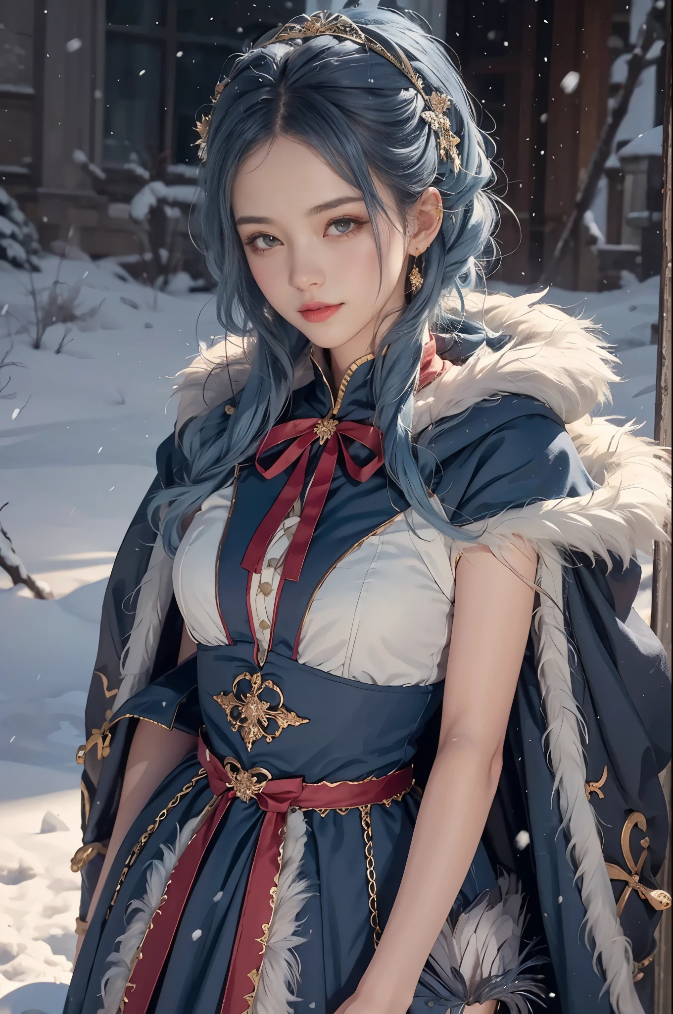 1 girl，hoody，fur cape，Blue hair，ssmile，Lolita Costume Outfit，Extra-long hair，Shoulder length short feather hair accessory，城市，natta，snow field，Blizzarding，allure，8K，masterpiece，winning artwork，