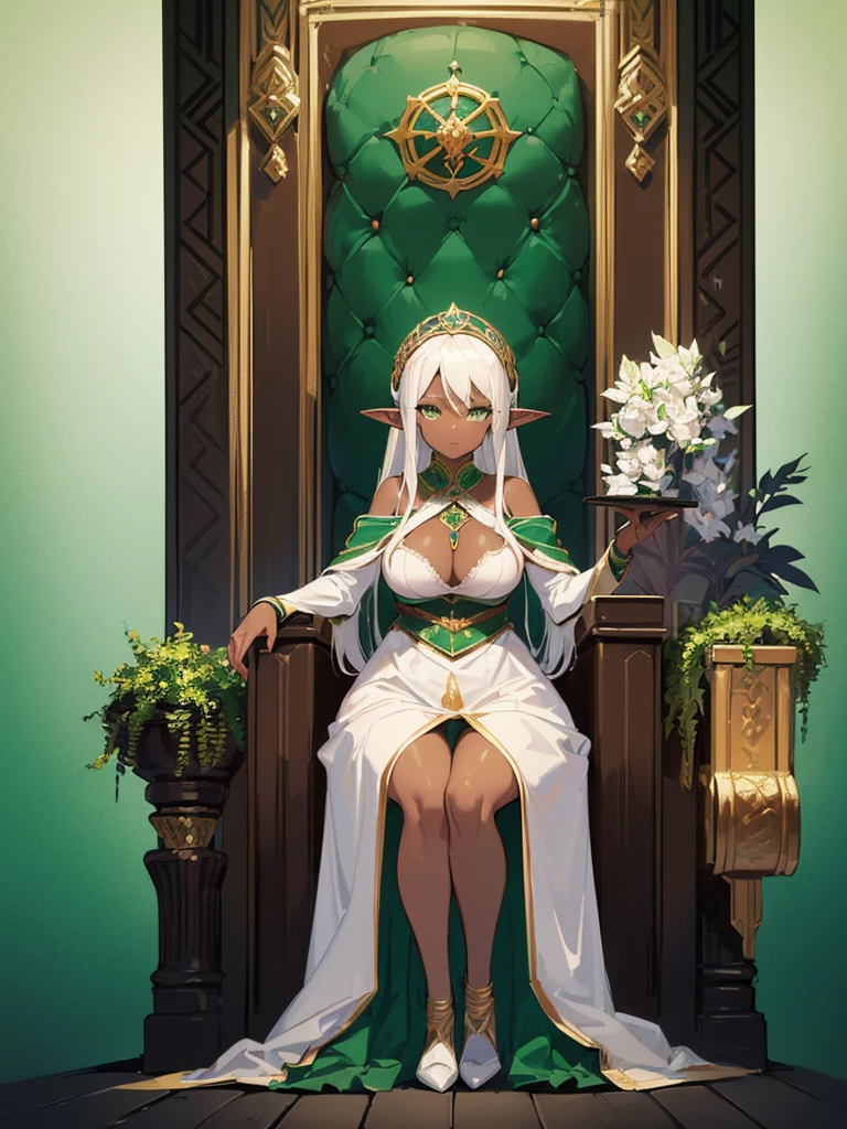 (((Very high image quality))),((Dark Skin)),(((Elf Woman))),(((White hair))),(((green eyes))),(((Seyxy body))),(Big breasts),((Medieval dress)),((Sitting on the throne)),((Throne hall)),((With several people around her))