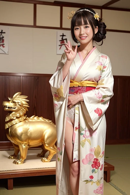 (facing back:1.2)、 (high-level image quality、hightquality、High resolution real image、detaileds、masterpiece、Professional Photography)、(There is a cute girl)、Smile at the camera、(A pure Japanese hairstyle with a beautiful hairpin)、(Light brown hair)、(being thin:1.3)、(Small:1.3)、(Bra and thong with large kimono-style decorations:1.2)、She wears a collar, bangles, and a kimono-style garter belt.、(He holds a large golden dragon in both hands.)、The pose is so cute and nice、Japanese New Year events、(Pure Japanese room in a big old house)