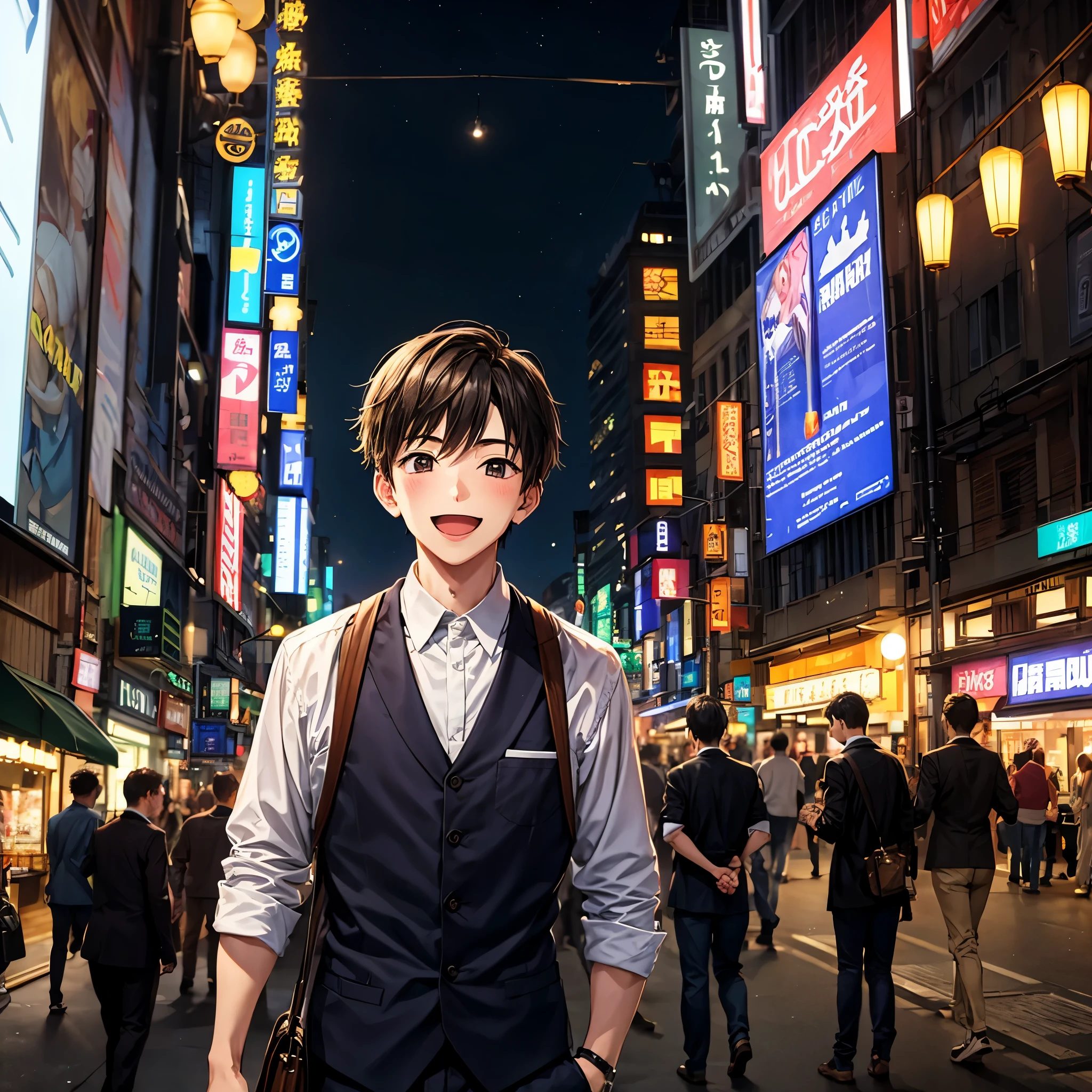 1boy, tall boy, cute, happy, shy, city, night town, crowded
