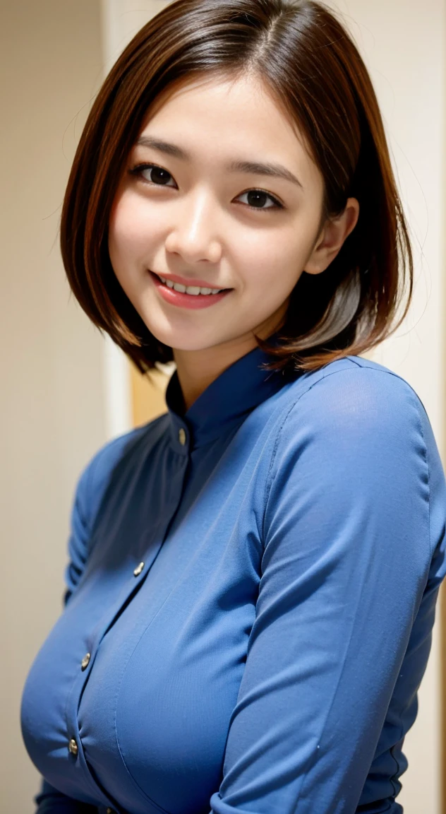 matured female , best quality, hires, detailed face , blouse , smile , cute , breast