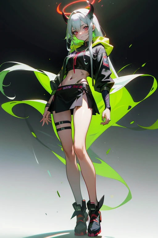 alta resolução, obra-prima, melhor qualidade, 1girl, red sclera,red pupils, cyborgunder, green hair, colored skin, demonictech, many tattoos, roupa futurista, skirt, detalhes neon, estilo cyberpunk neon, ao fundo submundo, pele finamente detalhada, seios enormes, pernas muito musculosas, golden ratio body, Flexible body, Abs, silver-haired anime girl, model appearance, perfect breasts, long black cloak, martial arts, many details in clothes, bare hips, open belly, full height, half turn, professional drawing, proportional, long legs, long straight hair, cute fine face, rounded eyes, digital painting 4k, detailed face, cosmetics, high quality, no blur, realistic breast physics, demonic horn and half an angelic halo above head, Fluorescent miniskirt，Black and green matching，Being in the room, Best anime 4k wallpapers, Anime style 4K, cyberpunk anime boy in hoodie, Anime art wallpaper 8 K, Anime art wallpaper 4 K, Anime art wallpaper 4k, Anime moe art style, 4k anime wallpapers, Anime wallpaper 4K, Anime wallpaper 4K, Badass anime 8 K，Single leg prosthesis