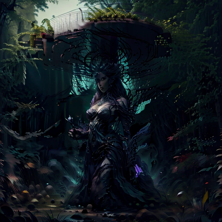 Ethereal moon goddess in a dark forest