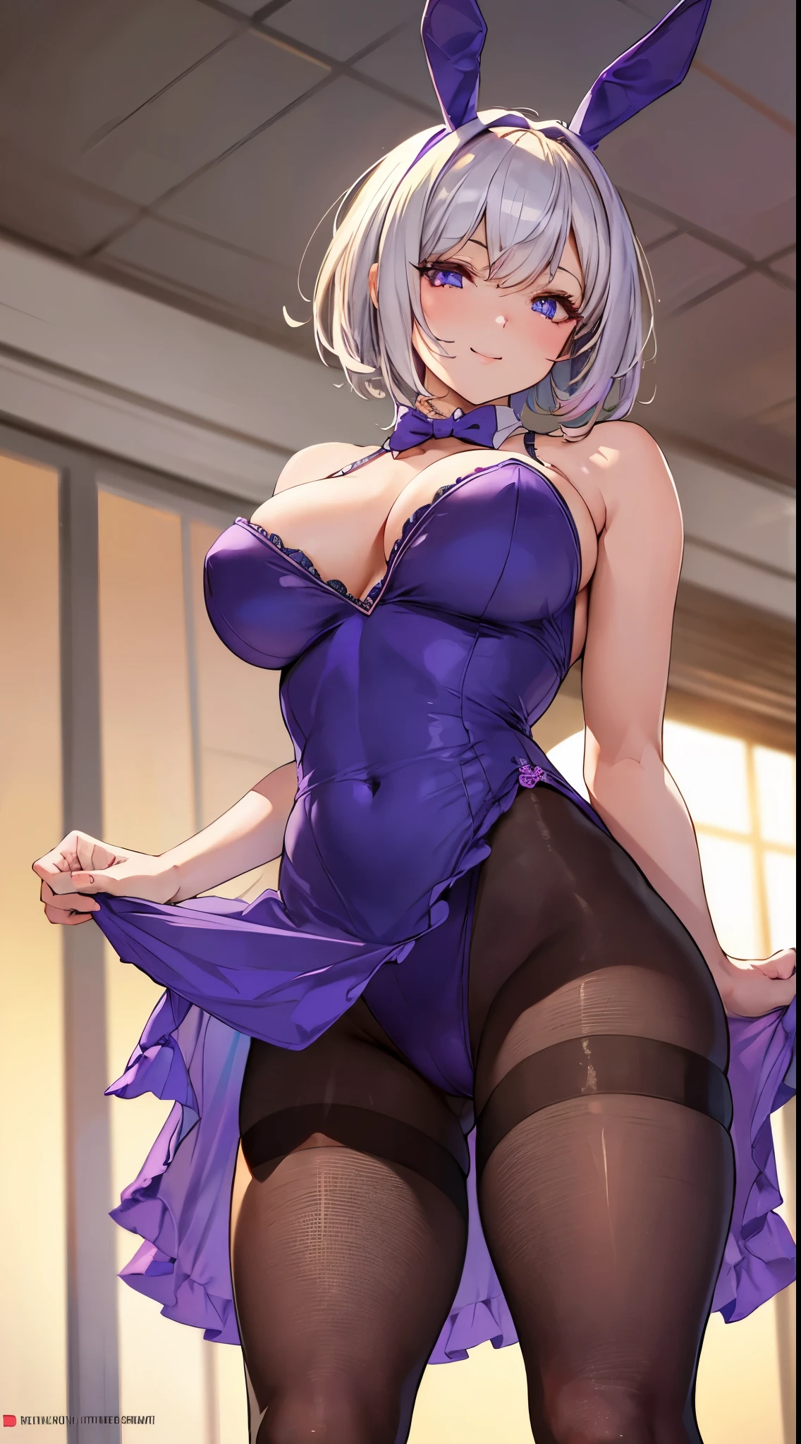 (Raw photo: 1.2), High quality, Beautiful detailed girl, bunny girl, Smile, Short hair, Highly detailed eyes and face, Beautiful detail eyes, Huge file size, High resolution, High resolution, 8K Wallpaper, Fine details, highly detailed stock code uniform 8K Wallpaper, Face Light, Movie Lighting, girl, Sexy Pose, (Realism: 1.4), Illustration, surRealism, From below, Super Detail, masutepiece, bunny, purple fishnet pantyhose, Open legs