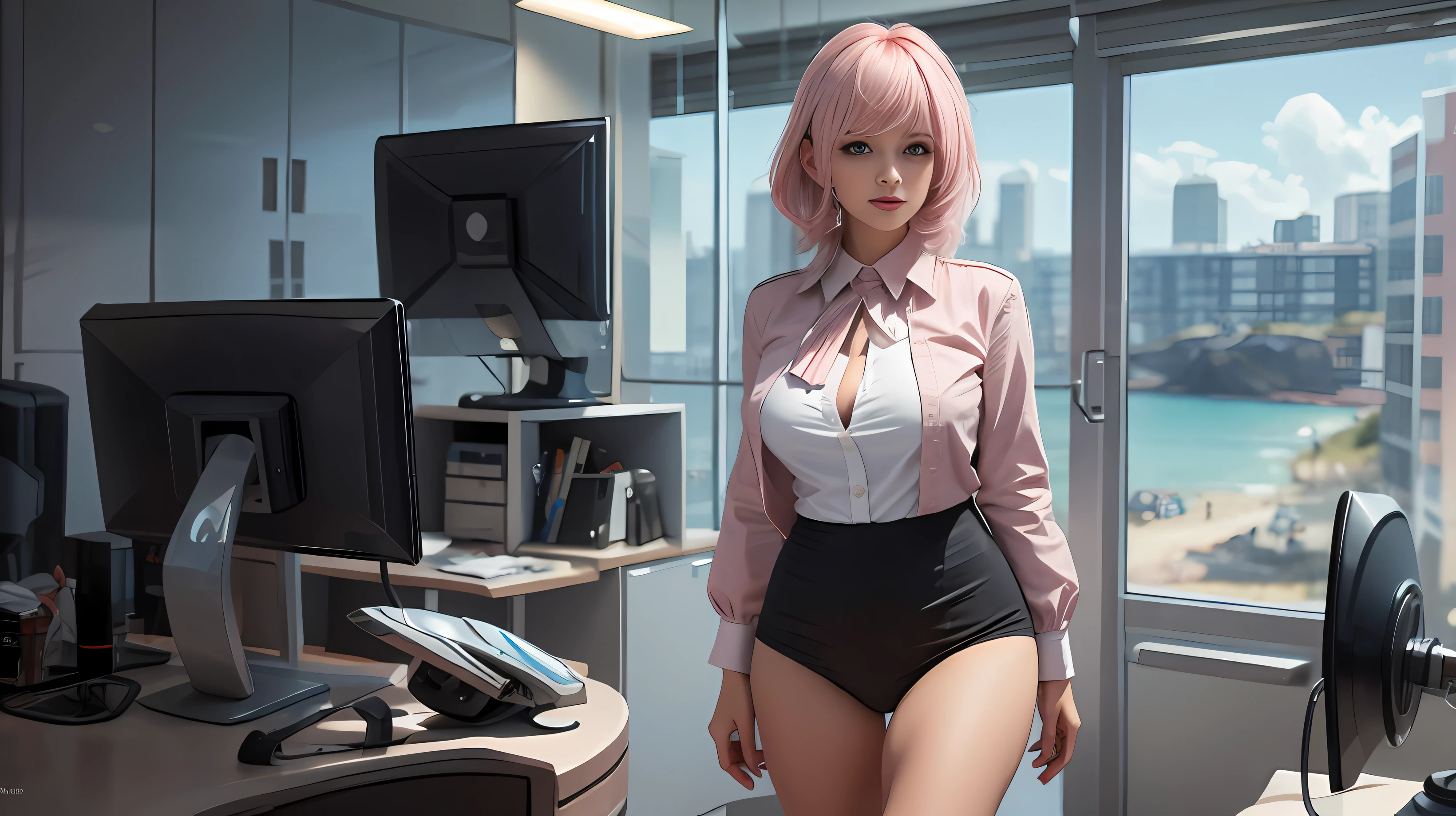 ((tmasterpiece,Need)),(1girl),((A MILF)),Light pink hair,big-areola,horn,((office lady)),By bangs,middlebreast,(plumw),slim,ssmile,[Wide hips],seashore,standing, aru \(blue archive\),