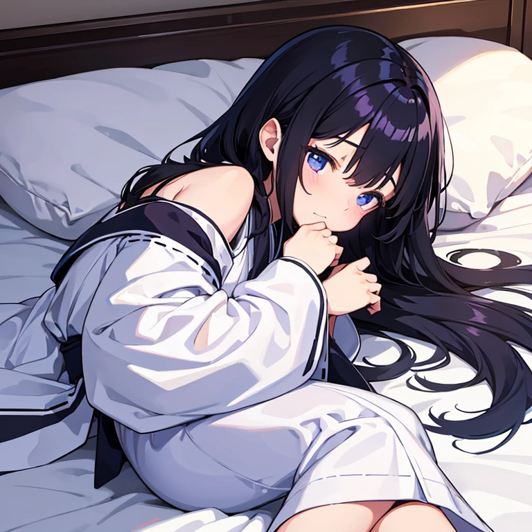 A high school girl with black hair and purplish-blue eyes wearing a long white kimono is sleeping on a messy white bed.