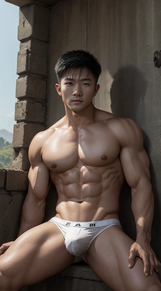 8K、8K Ultra HD resolution、best qualityer、delicated、highly  detailed、finely detailled、profesional lighting、professional photoshooting、realistic model、photorealistic  art、and the sun was shining brightly, Masseter muscle film、well built、Asian people、male people、35yo、gay twinks、Sexy string underwear 、cool guy、musculous、The eye、short detailed haide in and out、NSFW、Large size、Authentic texture、barechested、large bulge、Rugby player、soles of feet、wasteland、showers