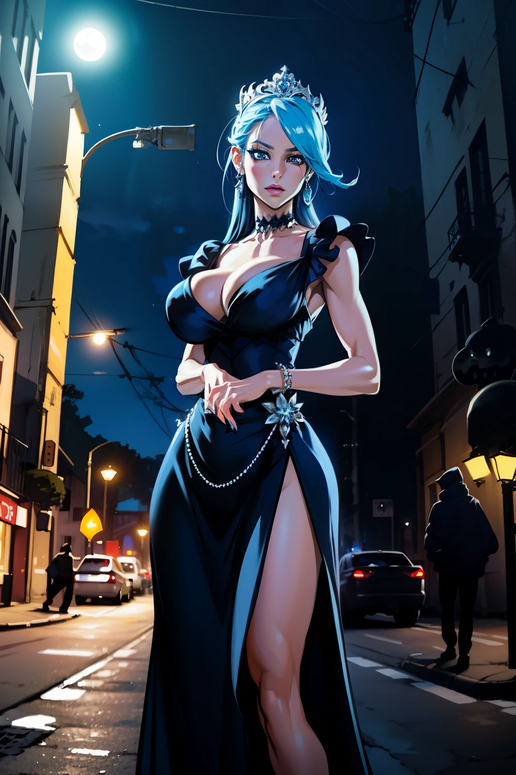 ((waifu goddess))etxtreme Detailed Portrait With Bokeh Effect , Realistic Lighting , Night Street View , Dark Vibe , Crowd , Gothic Makeup , Posing Like a Model , Look at Viewer, blue lighting, blue street lamp light((moonlight ambiance light:1.0))