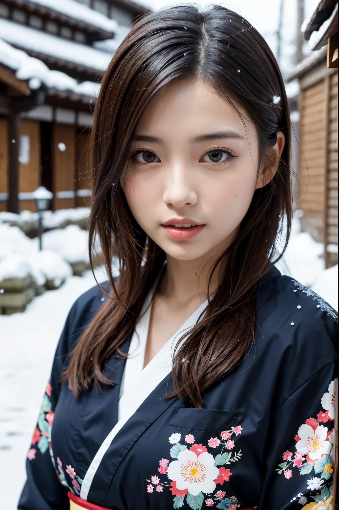 Hot Spring Village in Japan, snowy landscape, 
(falling snow:1.2), A beautiful Japanese girl in a brilliant Kimono, solo, masterpiece, Best Quality, 8K, 32K, (UHD:1.2), (Photorealistic:1.4), full figure, entire body in frame, Japanese Idol, Extremely cute, elegant, voluptuous, parted lips, cinematic composition, professional warm lighting and shading, extremely detailed eyes and face, eyes with beautiful details, insanely detailed realistic skin texture, (correct body balance, accurate hands, accurate eyes)