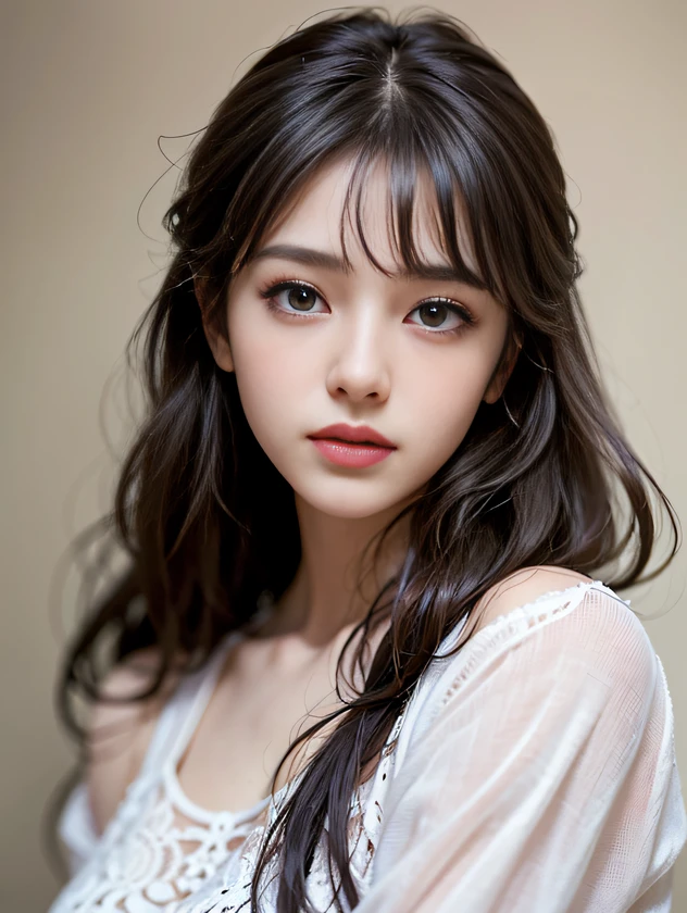 Film Portrait Photography、1girl in、Shirt、Wavy shoulder-length hair、Bangs、Gentle、merciful、Gentle gaze、(Realistic detailed eyes、Natural Skin Texture、Realistic face details)、Soft dramatic lighting、depth of fields、Bokeh、Vivid details、detail、Hyper-realistic、35mm Film、blur