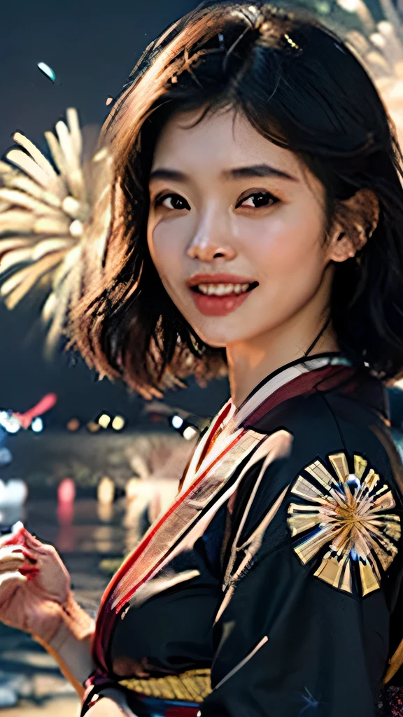 Best quality、tmasterpiece、real photograph、Complicated details、RAW photogr、Photon rendering、Octagon rendering、Huang Li、ultra - detailed、A detailed的the face、delicate skin、Art station fashion trends、8K tmasterpiece、lighting like a movie、( (1 girl in))、((独奏) ))、CGSoation trend、plastic en、((Cabellos Preto (Cabellos Preto) and long woman))、(A smile)、Top Teeth、stylishly、Hair Fluttering in the Wind、wearing red、 ((Mobile Sea Lion Magazine、((an sexy))、((lighting like a movie)、((indirect illumination)、、(gender)、Grinning、(vistolonga)、((Festival of Japan))、Common、((Fireworks Festival))、