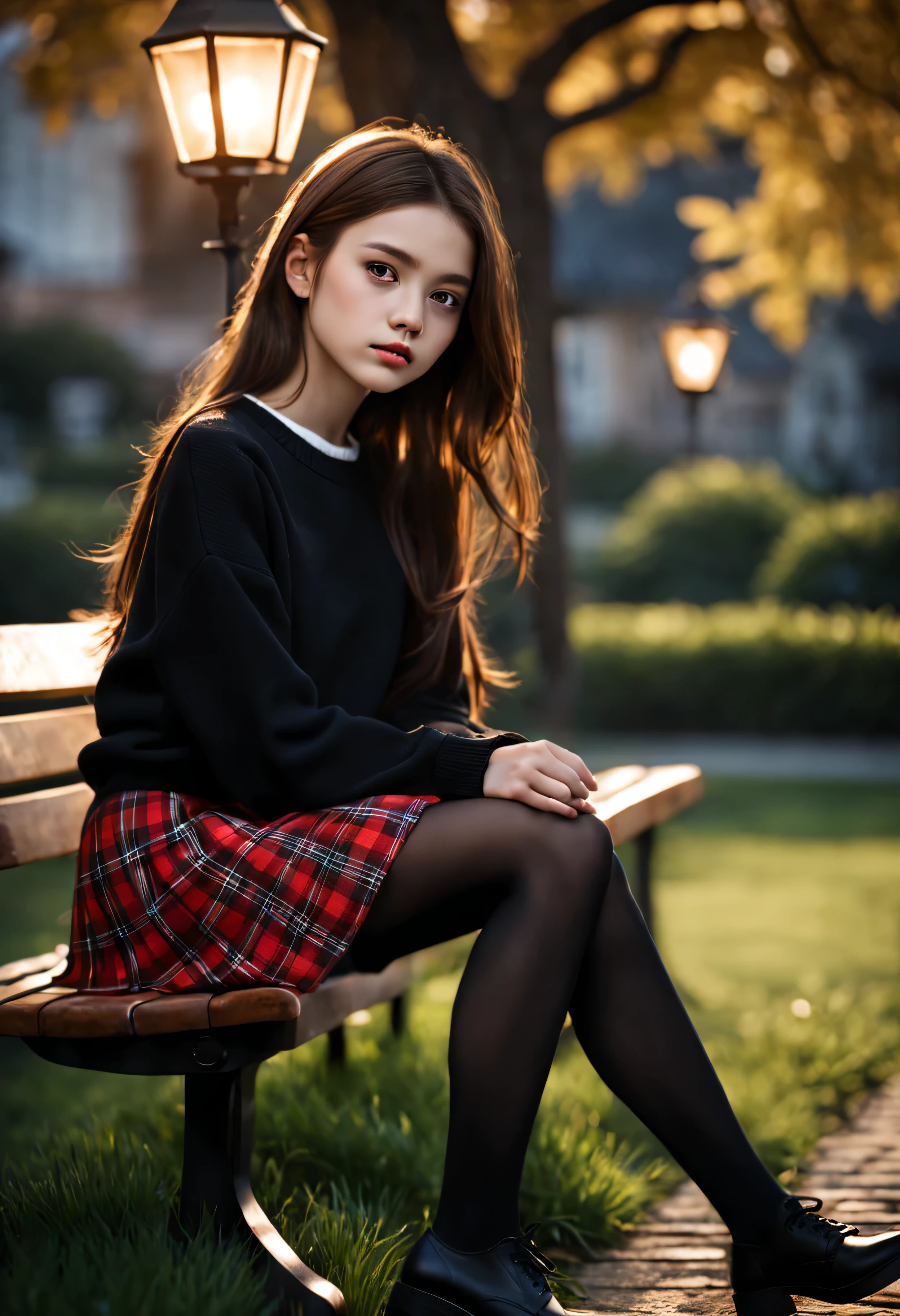 {there is a young girl sitting on a bench at a park. she is beautiful, and attractive. she is wearing a black jumper, a red checkered skirt, and she also has black tights on underneath. she is also wearing black shoes with white stitching. she has beautiful long brown hair, and beautiful hazel eyes. there is candle lamps around. it is dusk. there is an aura in the sky. there is some european style homes in the background. there is also a few trees and small plants.}, {best quality}, {{masterpiece}}, {highres}, {{{8k}}}, extremely detailed girl, {{{caucasian skin}}}, {{{detailed face}}}, {photo-realism}, {{perfect anatomy}}, sharp focus, {{{character{1 girl}}}}, solo, {{{{{sharp focus}}}}}, {{{detailed cloth texture}}}, {{{detailed skin texture}}}, {{{smooth lighting}}}, {{australian decent}}, {{18-years old girl}},