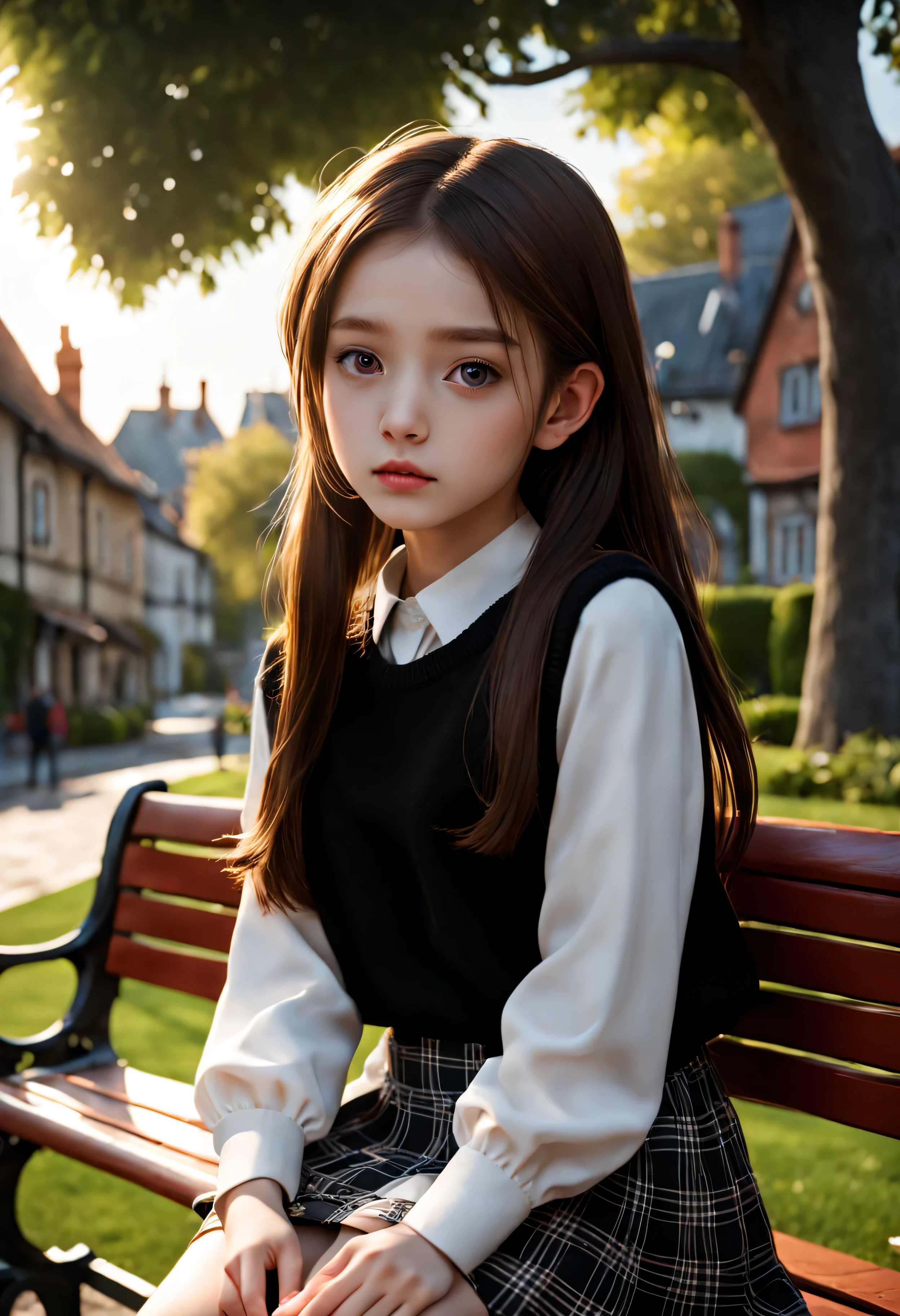 {there is a young girl sitting on a bench at a park. she is beautiful, and attractive. she is wearing a black jumper, a red checkered skirt, and she also has black tights on underneath. she is also wearing black shoes with white stitching. she has beautiful long brown hair, and beautiful hazel eyes. there is candle lamps around. it is dusk. there is an aura in the sky. there is some european style homes in the background. there is also a few trees and small plants.}, {best quality}, {{masterpiece}}, {highres}, {{{8k}}}, extremely detailed girl, {{{caucasian skin}}}, {{{detailed face}}}, {photo-realism}, {{perfect anatomy}}, sharp focus, {{{character{1 girl}}}}, solo, {{{{{sharp focus}}}}}, {{{detailed cloth texture}}}, {{{detailed skin texture}}}, {{{smooth lighting}}}, {{australian decent}}, {{18-years old girl}},