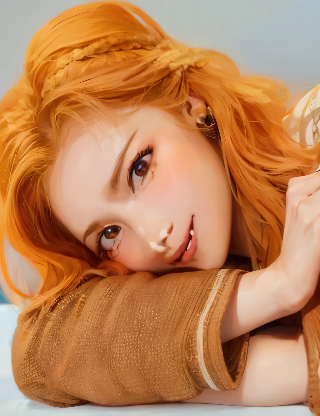 a closeup of a redhead woman holding a cell phone, she has long redcabello naranja, portrait of Jossi de Blackpink, Jossi de Blackpink, Lalisa Manobal, tzuyu de dos veces, Parque Roseanne de Blackpink, Bae Suzy, foto de perfil, Sun Yunjoo, cabello naranja, Retrato Jisoo Blackpink, she has long orange brown hair, JIA
