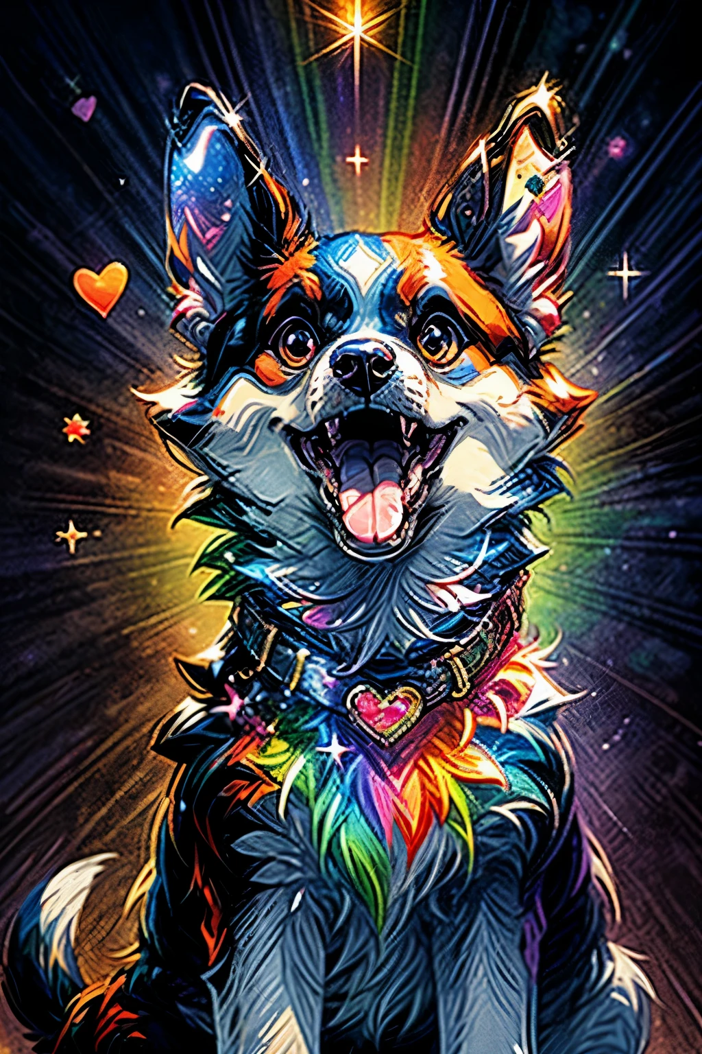 Niji Pride, solo, smile, open mouth, tail, heart, tongue, tongue out, star (symbol), collar, no humans, sparkle, fangs, looking up, dog, animal focus, sparkling eyes, fluffy