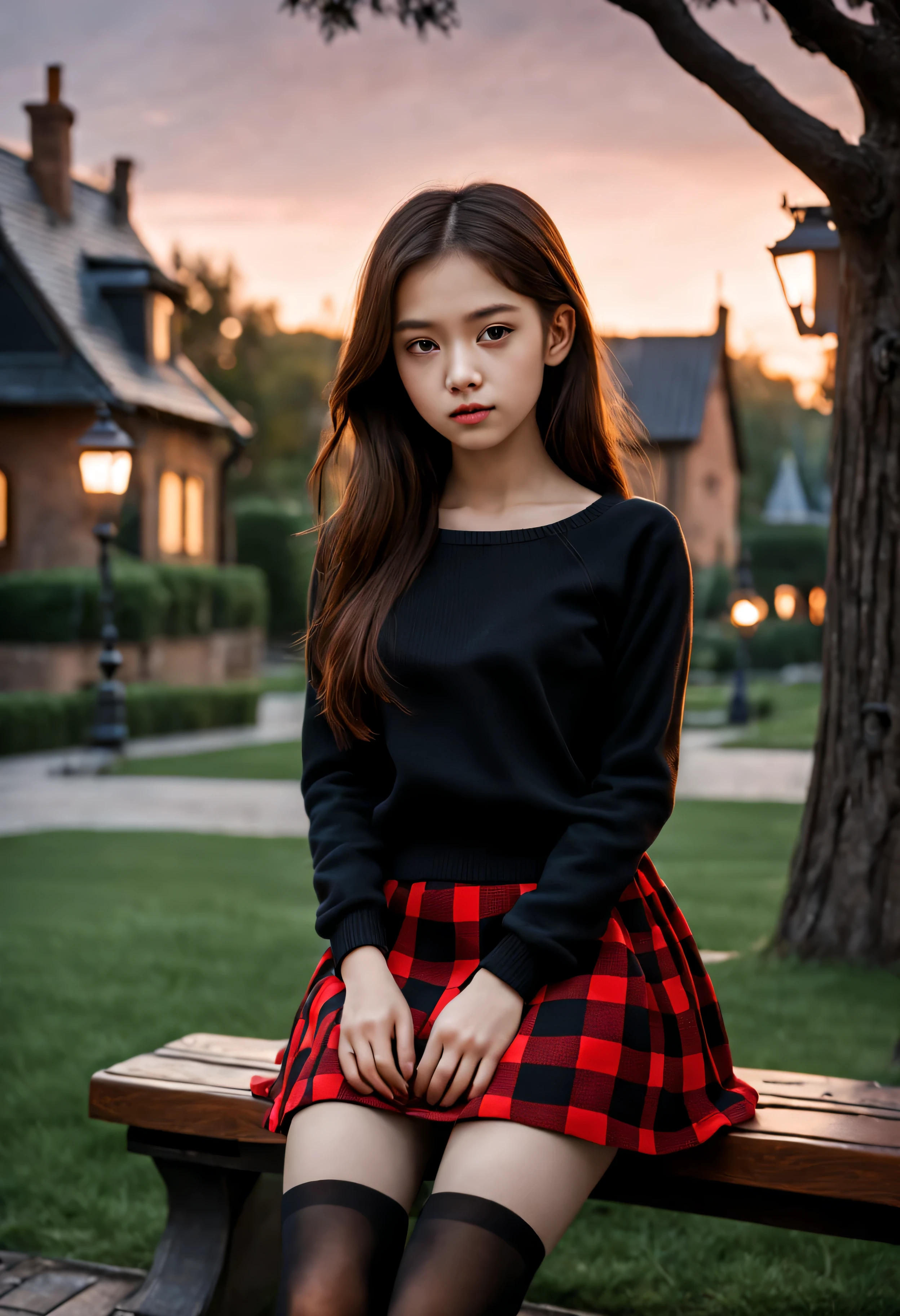 {there is a young girl sitting on a bench at a park. she is beautiful, and attractive. she is wearing a black jumper, a red checkered skirt, and she also has black tights on underneath. she is also wearing black shoes with white stitching. she has beautiful long brown hair, and beautiful hazel eyes. there is candle lamps around. it is dusk. there is an aura in the sky. there is some european style homes in the background. there is also a few trees and small plants.}, {best quality}, {{masterpiece}}, {highres}, {{{8k}}}, extremely detailed girl, {{{caucasian skin}}}, {{{detailed face}}}, {photo-realism}, {{perfect anatomy}}, sharp focus, {{{character{1 girl}}}}, solo, {{{{{sharp focus}}}}}, {{{detailed cloth texture}}}, {{{detailed skin texture}}}, {{{smooth lighting}}}, {{australian decent}}, {{18-years old girl}},