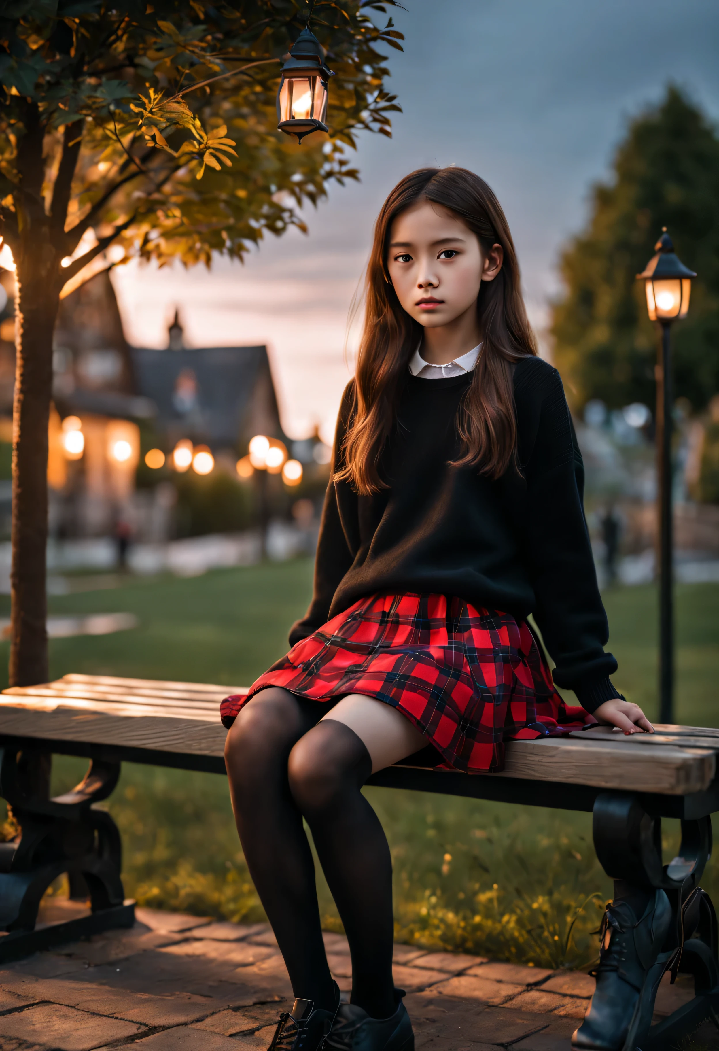 {there is a young girl sitting on a bench at a park. she is beautiful, and attractive. she is wearing a black jumper, a red checkered skirt, and she also has black tights on underneath. she is also wearing black shoes with white stitching. she has beautiful long brown hair, and beautiful hazel eyes. there is candle lamps around. it is dusk. there is an aura in the sky. there is some european style homes in the background. there is also a few trees and small plants.}, {best quality}, {{masterpiece}}, {highres}, {{{8k}}}, extremely detailed girl, {{{caucasian skin}}}, {{{detailed face}}}, {photo-realism}, {{perfect anatomy}}, sharp focus, {{{character{1 girl}}}}, solo, {{{{{sharp focus}}}}}, {{{detailed cloth texture}}}, {{{detailed skin texture}}}, {{{smooth lighting}}}, {{australian decent}}, {{18-years old girl}},