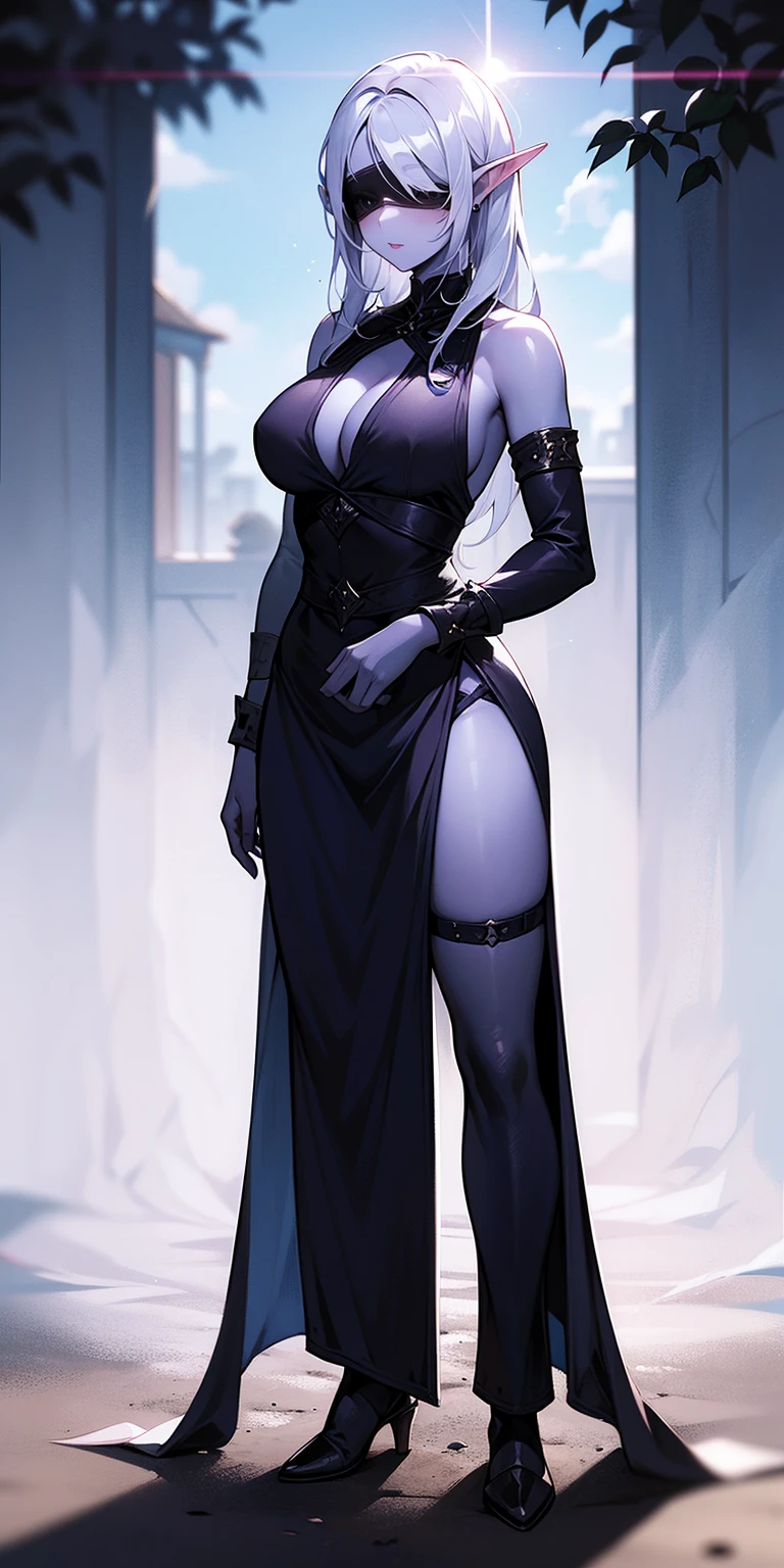 standing straight symmetrical, full body female drow elf slave wearing an adventurer outfit, black blindfolded, (very purple skin), lens flare, overexposure, bokeh, Masterpiece