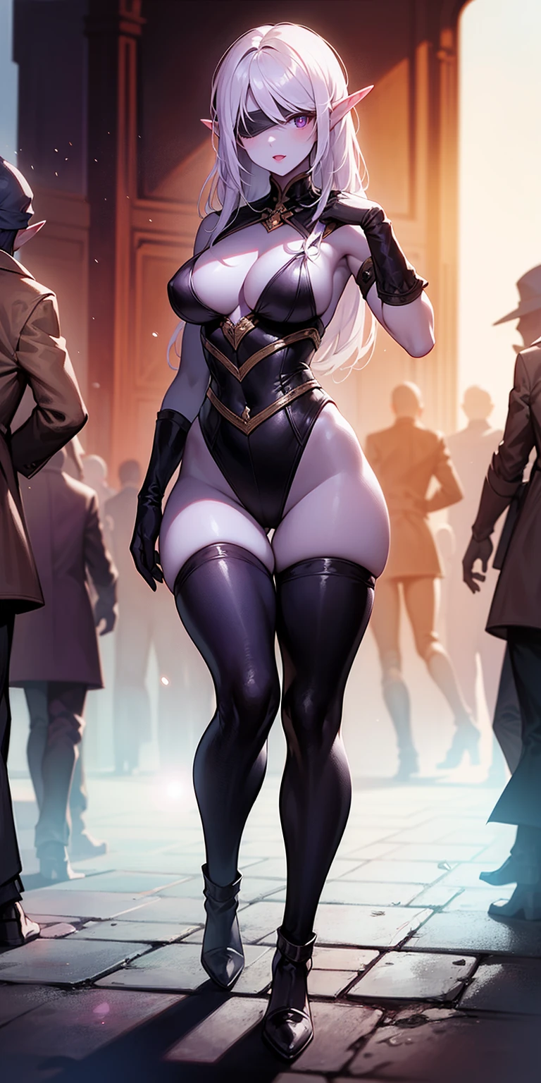 standing straight symmetrical, full body female drow elf slave wearing an adventurer outfit, black blindfolded, (very purple skin), lens flare, overexposure, bokeh, Masterpiece