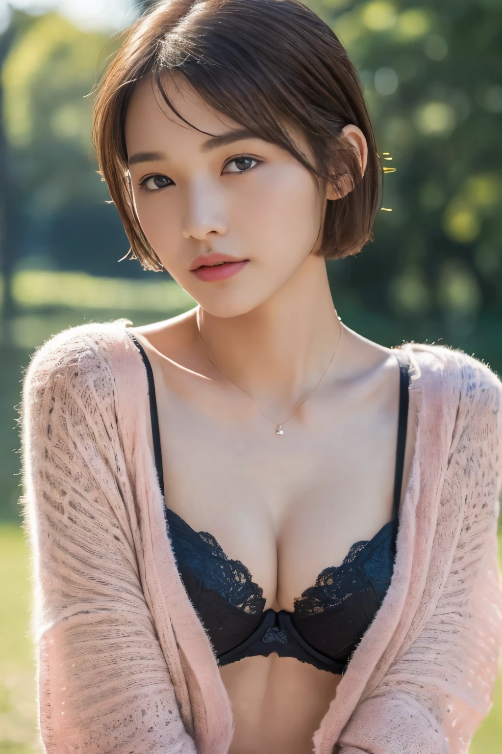 ((top-quality、8K、​masterpiece: 1.erfect Body Beauty: 1.4、Slender Abs: 1.2、Beautiful woman with slender abs:1.3、(Highlight Haircutreast B Cup:1.2), medium breast, round shape breast, perfect shape breast,  (sexy pink cardigan),  (black bra , bra straps) necklace, hyperdetailed face、18year old、 Pretty women、(Dark brown short-cut hair), Slim Face、Highly detailed facial and skin texture、very detailed lips、opens legs、top-quality、​masterpiece、超A high resolution、(Photorealsitic:1.4), long shot , (in park with blur background), bright background, sunset light,