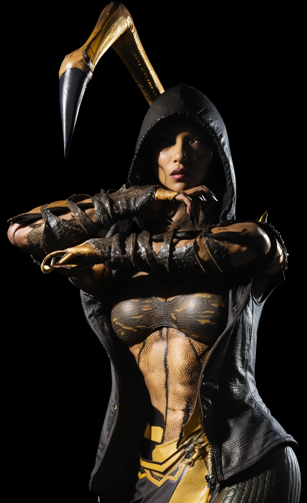 (masterpiece),(best quality:1.0),(ultra highres:1.0), D'Vorah, monster girl, mortal kombat, yellow body skin color,body yellow sexy girl, detailed beautiful, face focus, worn hood , black bra, skinny,claws, wallpaper 8k, makeup,full body