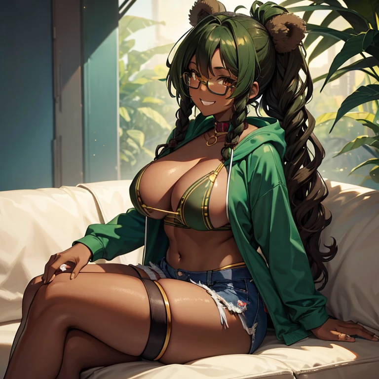 Dark Brown skin tanuki girl, dark brown skin, brown skin, african american, hazel eyes, green long hair, green space buns, green braids, green dreadlocks, curly green hair, 25 years old, chubby, curvy, fat, big butt, big breast, sitting on couch ,  girl, gold circle glasses , facing camera, explicit, bear hoodie, jean shorts, thigh high socks, collar on neck , grinning, cleavage showing, holding cigar, vfx, high def, best quality, high angle, atmospheric lighting, girly boy,