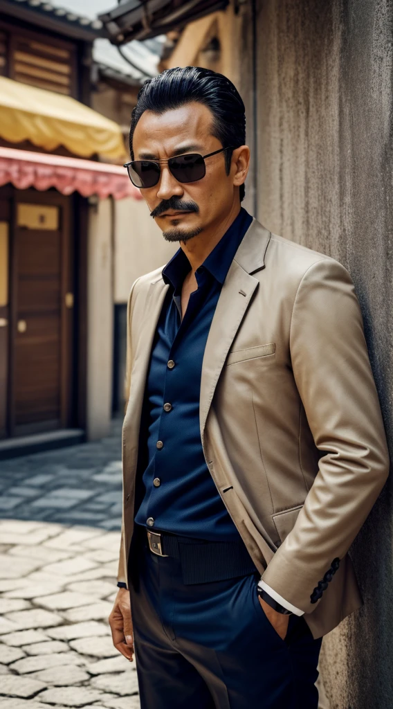 50 years old，Hidetoshi Nakata ，（Kogoro Mouri 1.3), sniper expert, ray ban sunglasses, tong, mustache，little beard, tourist spot, beautiful place, photography, wallpaper quality picture, masterpiece，4k hd, 8k hd, 16k hd