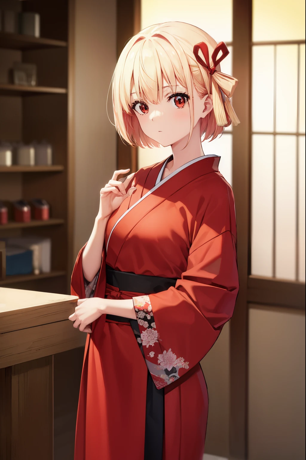 Chisatoniki, Senri, Short hair, Bangs, Blonde hair, (Red Eyes:1.5), Hair Ribbon, One side up, bob cuts, BREAK japanese clothes, Kimono, Apron, Red Ribbon, woman samurai, red Kimono,
BREAK indoors, cafes,
BREAK looking at viewer, (Cowboy Shot:1.5),
BREAK (masutepiece:1.2), Best Quality, High resolution, Unity 8k壁纸, (Illustration:0.8), (Beautiful detailed eyes:1.6), extra detailed face, Perfect Lighting, extremely details CG, (Perfect hands, Perfect Anatomy),