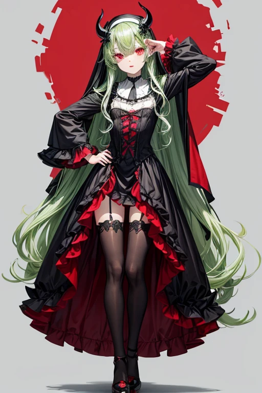Light green hair. Long wavy hair. petite girl. small black devil horns. Red Eyes.nun.lolita.gotik.Little Black Riding Hood.s whole body.from head to toe. red shoes