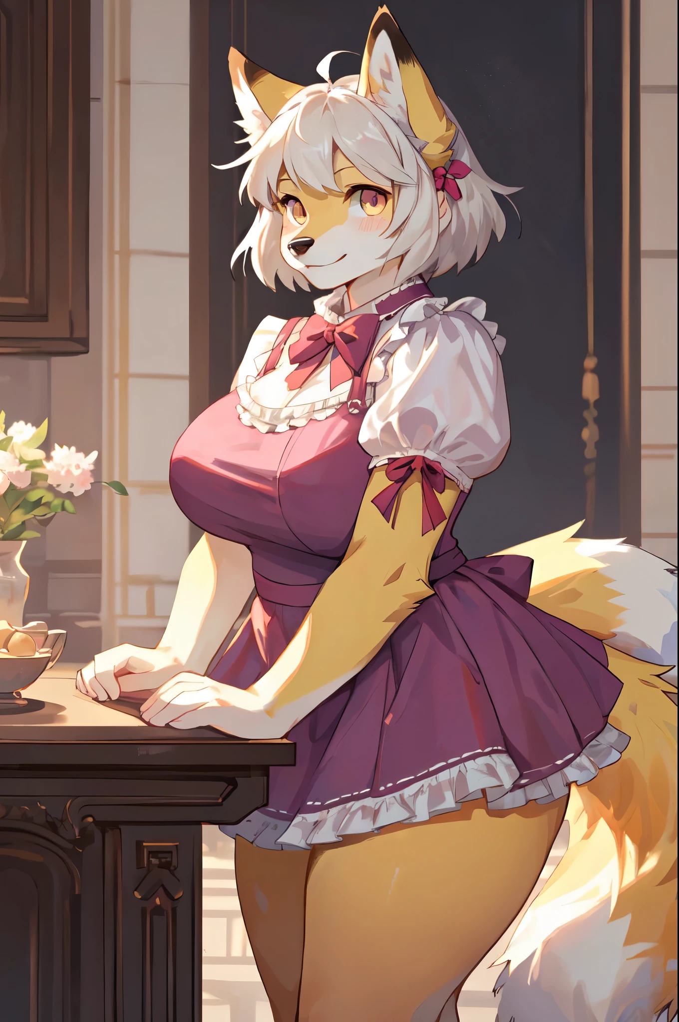 by bebebebebe, by spuydjeks, by spikedmauler, by moonrick, by asaneman, uploaded to e621, seductor, very detailed and beautiful, (female, anthro, anthro animal:1.1),1girl, anthro fox girl, canine, cute face, adorable face, feminine face structure, female, mature woman, 1tail, short hairstyle, (thick thighs:1.1), (big breasts:1.1),((chubby:1.0)) ,BREAK, ((pink lolita dress)), ((ruffled dress)), perfect posture), ((short hair)), white hair, ((vibrant yellow fox)), pink eye color, ((yellow fur)), ((detailed eyes)), ((pastel colors, kawaii))