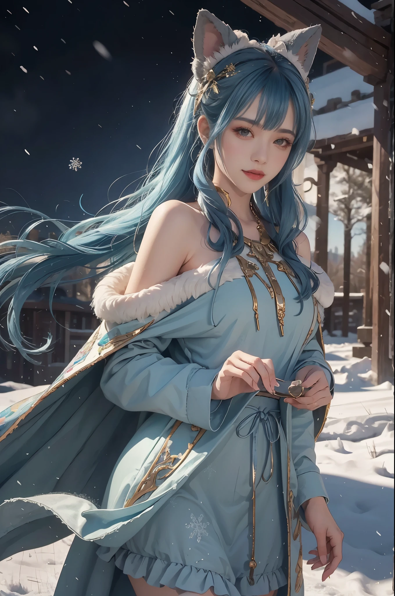 1 girl,hoody,fur cape,Blue hair,ssmile,ta Costume Outfit,Extra-long hair,Shoulder length short feather hair accessory,城市,natta,snow field,Blizzarding,allure,8K,masterpiece,winning artwork,