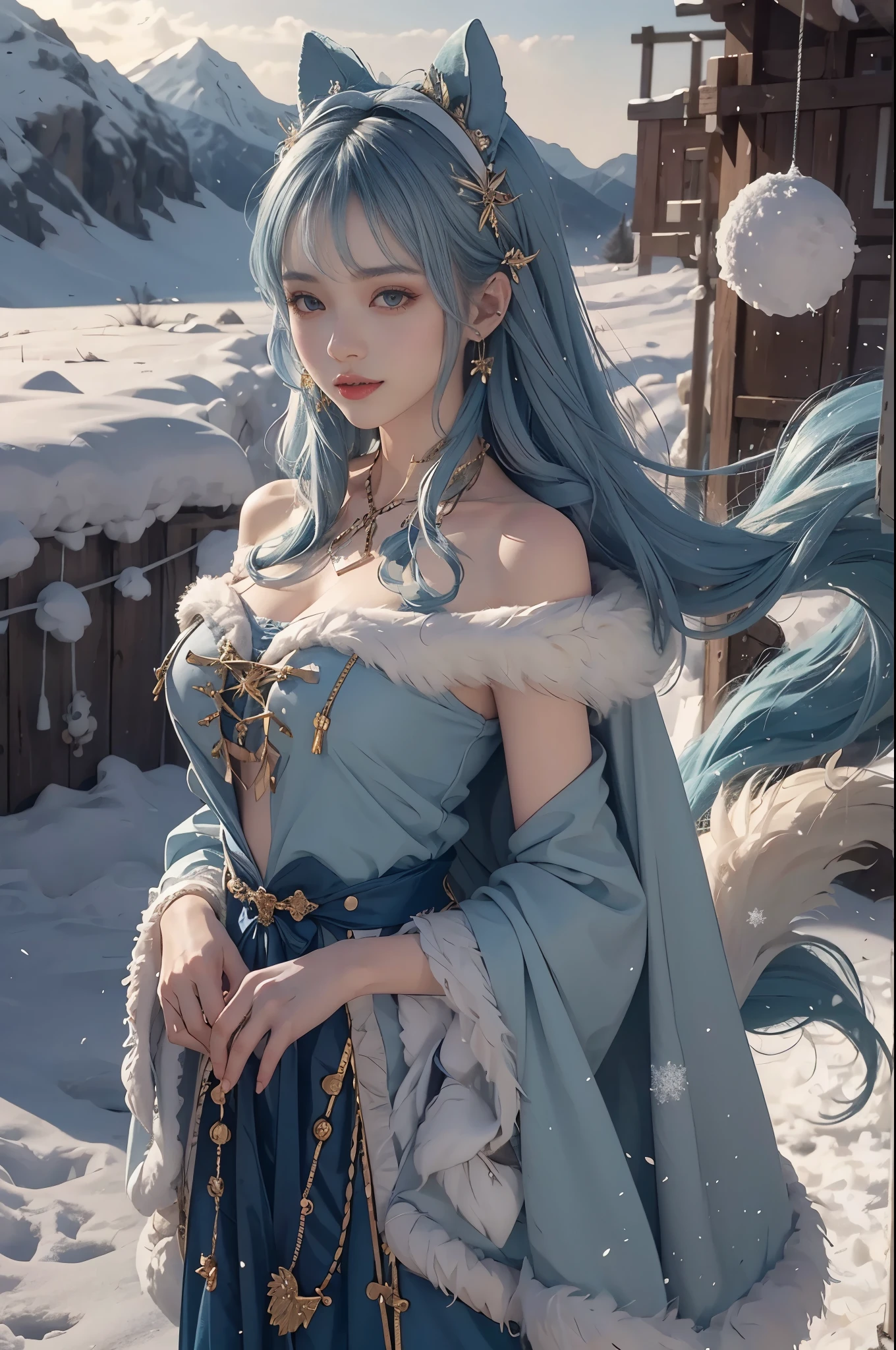1 girl,hoody,fur cape,Blue hair,ssmile,Lolita Costume Outfit,Extra-long hair,Shoulder length short feather hair accessory,城市,natta,snow field,Blizzarding,allure,8K,masterpiece,winning artwork,