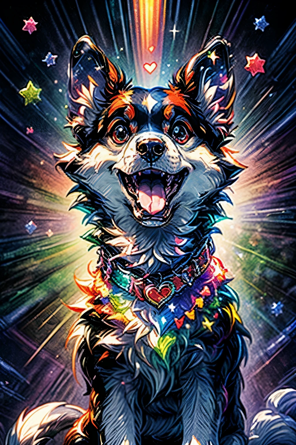 Niji Pride, solo, smile, open mouth, tail, heart, tongue, tongue out, star (symbol), collar, no humans, sparkle, fangs, looking up, dog, animal focus, sparkling eyes, fluffy