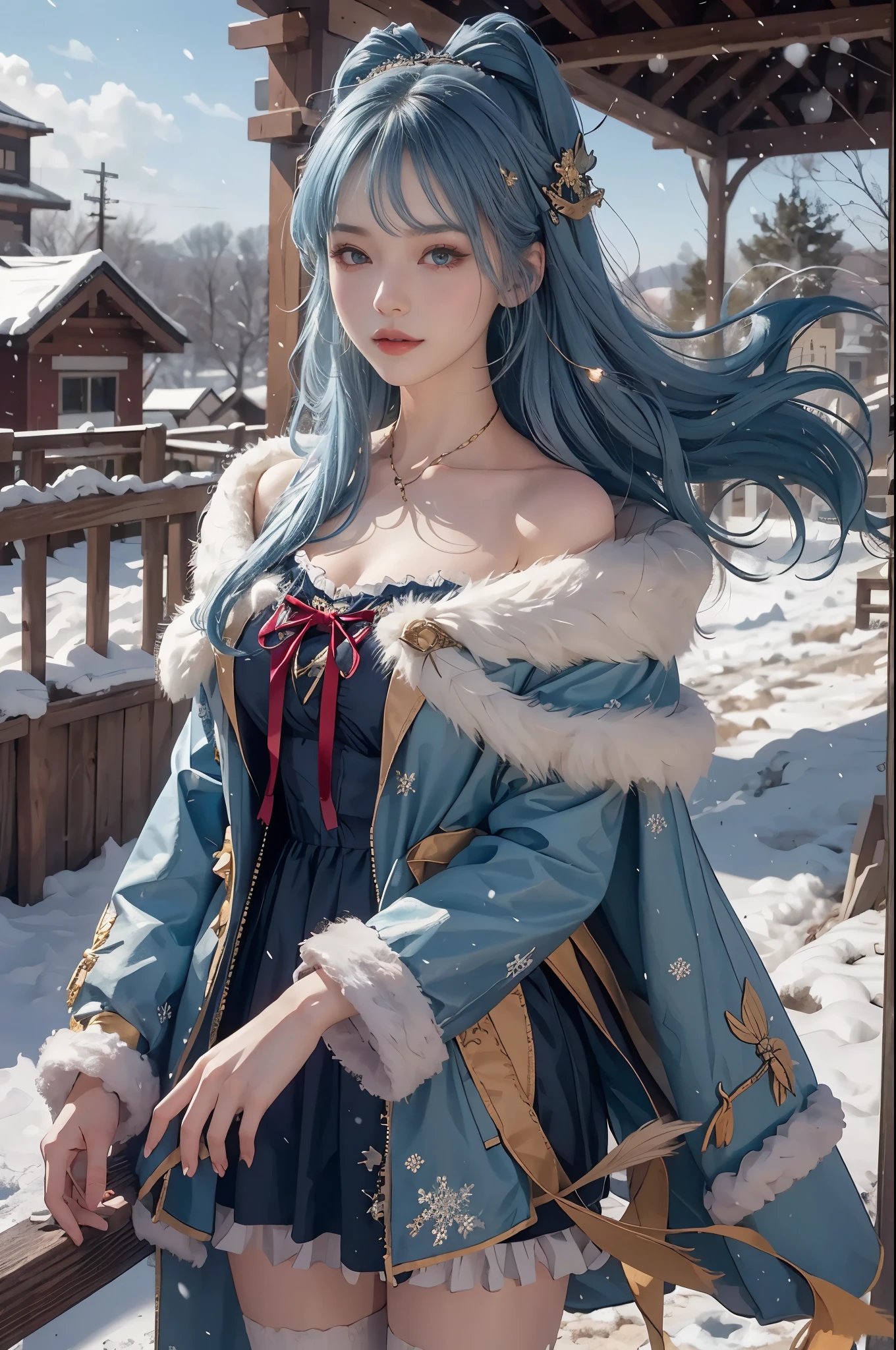 1 girl,hoody,fur cape,Blue hair,ssmile,ta Costume Outfit,Extra-long hair,Shoulder length short feather hair accessory,城市,natta,snow field,Blizzarding,allure,8K,masterpiece,winning artwork,