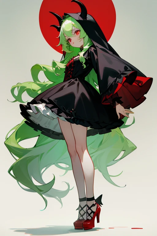Light green hair. Long wavy hair. petite girl. small black devil horns. Red Eyes.nun.lolita.gotik.Little Black Riding Hood.s whole body.from head to toe. red shoes
