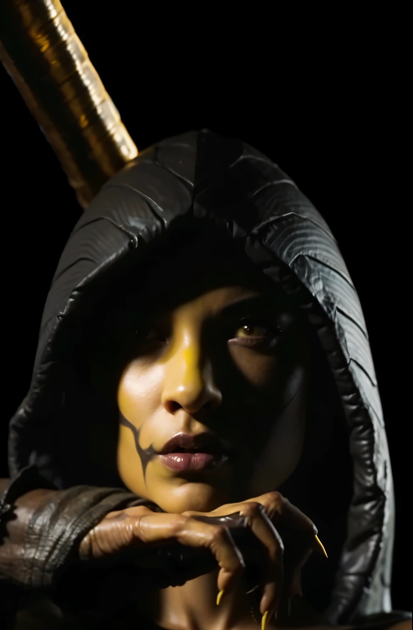 (masterpiece),(best quality:1.0),(ultra highres:1.0), D'Vorah, monster girl, mortal kombat, yellow body skin color,body yellow sexy girl, detailed beautiful, face focus, worn hood , skinny,claws, wallpaper 8k, makeup,full body