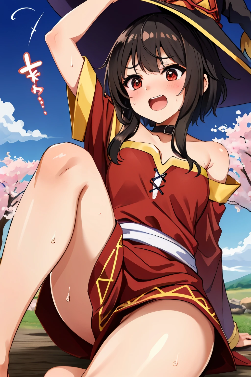(master part, best quality), detalhes intrincados,
1girl, Megumin, short hair, vestir, red vestir, kalap, witch kalap, in Japan, Sakura, sorrir, sweating, Feliz,